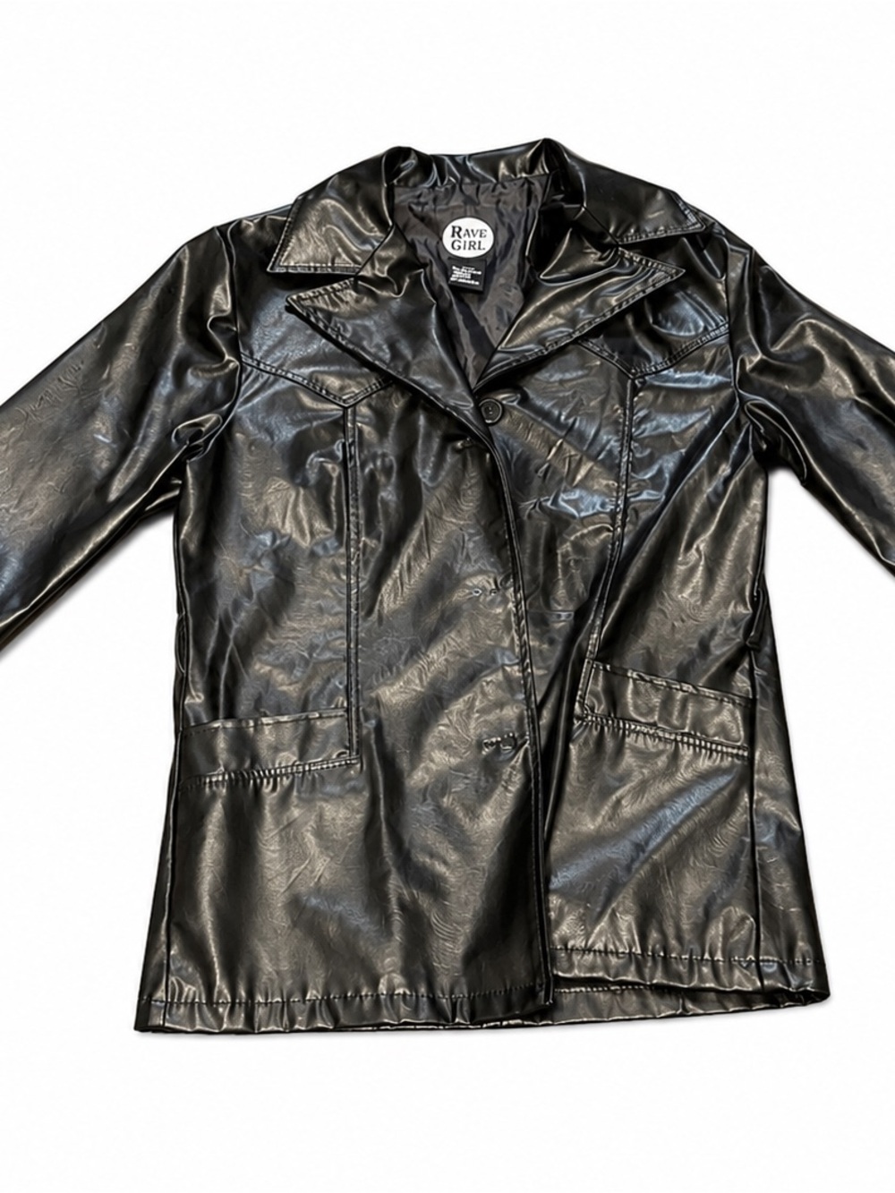 Rave Girl Black Faux Leather Trench Jacket | Medium | Y2K